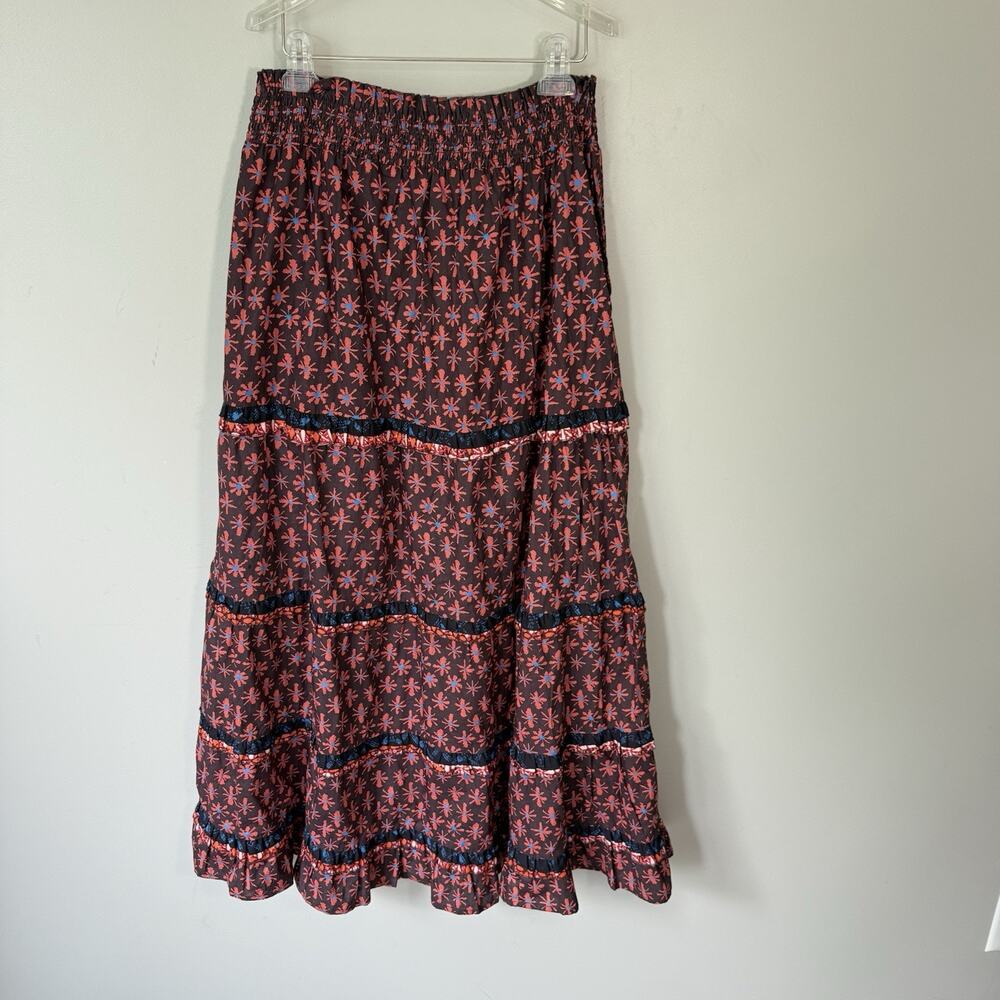 Anthropologie Skirt Genevieve Floral Tiered Maxi Skirt XL Maroon Boho New - Picture 7 of 9